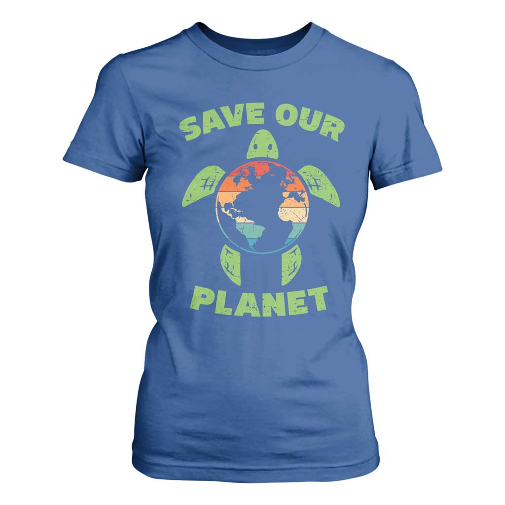Retro Earth Day T Shirt For Women Save Our Planet Sea Turtle Recycle Ocean Environment