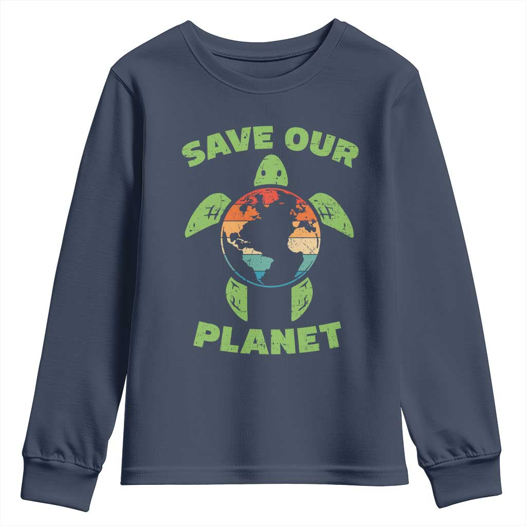 Retro Earth Day Youth Sweatshirt Save Our Planet Sea Turtle Recycle Ocean Environment