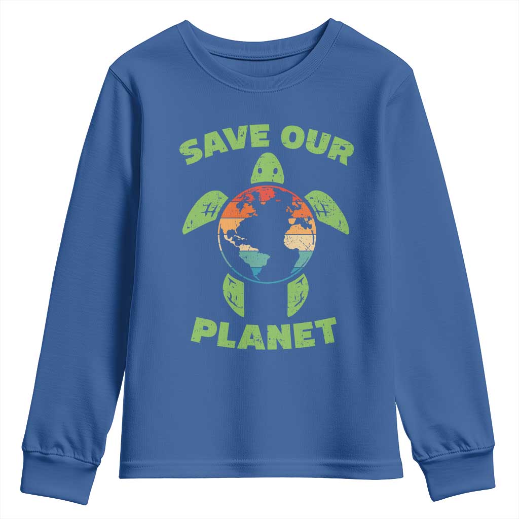 Retro Earth Day Youth Sweatshirt Save Our Planet Sea Turtle Recycle Ocean Environment