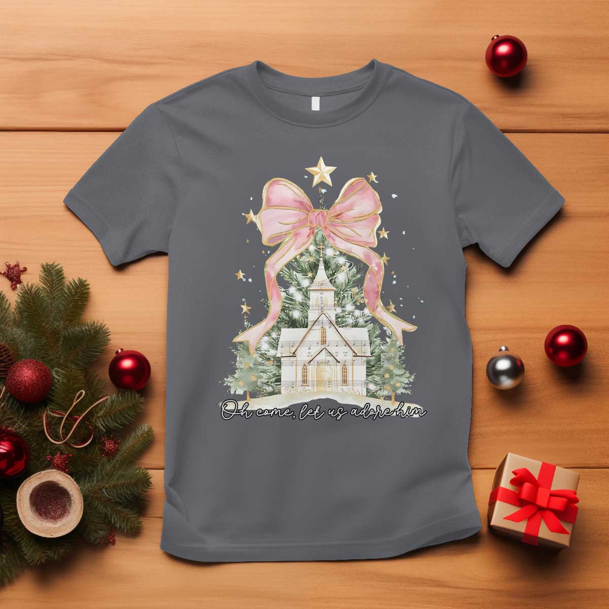 Christian Christmas T Shirt Oh Come Let Us Adore Him Nativity Christmas Tree Bow - African Pride