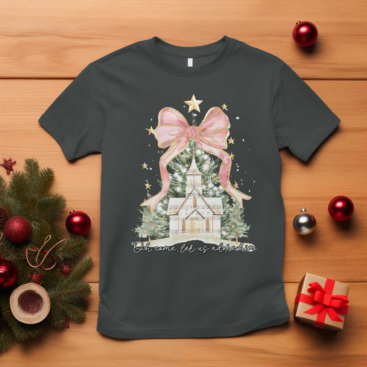Christian Christmas T Shirt Oh Come Let Us Adore Him Nativity Christmas Tree Bow - African Pride