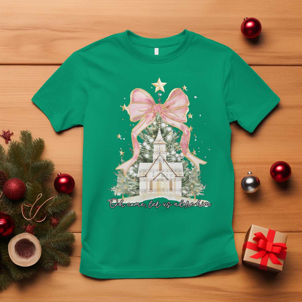 Christian Christmas T Shirt Oh Come Let Us Adore Him Nativity Christmas Tree Bow - African Pride