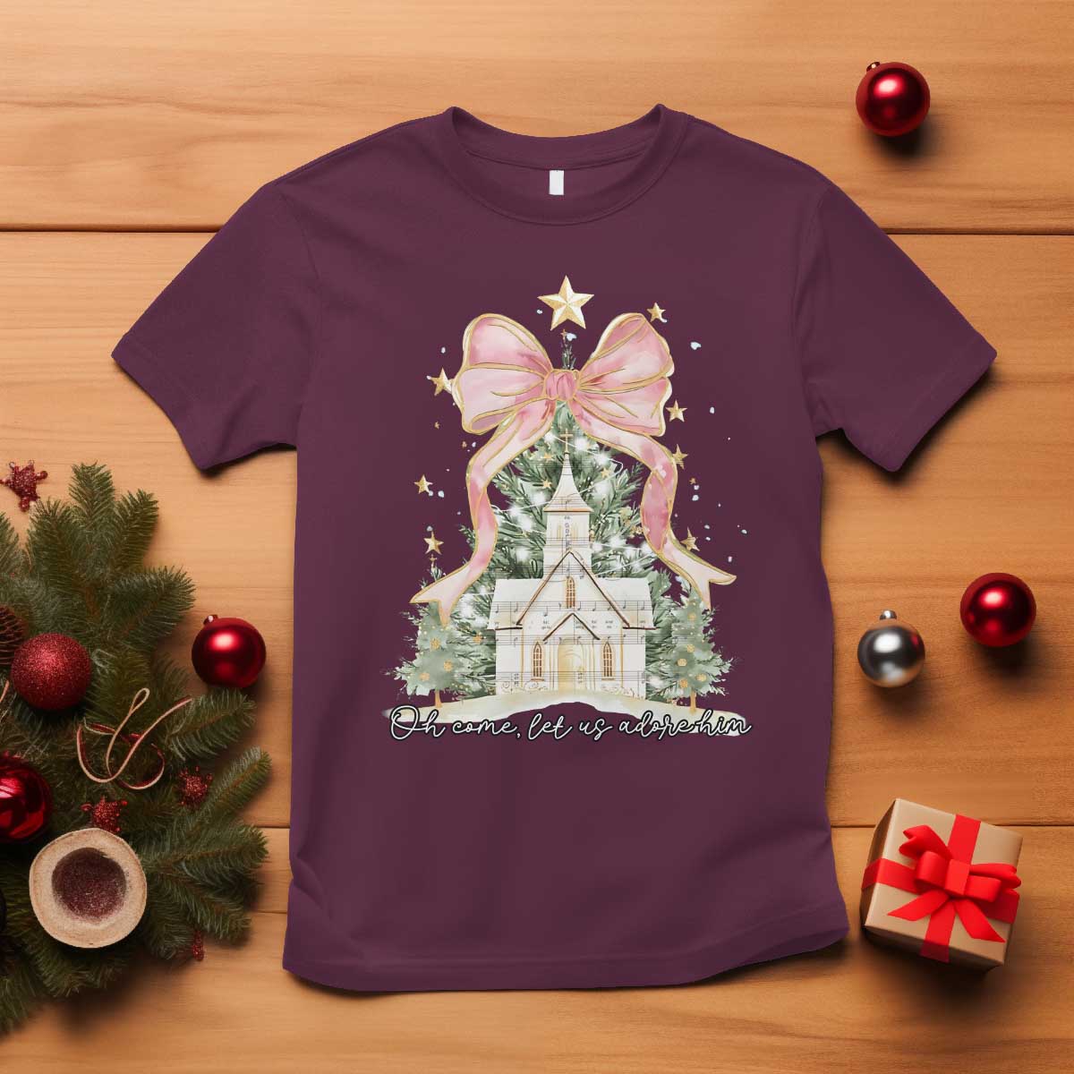 Christian Christmas T Shirt Oh Come Let Us Adore Him Nativity Christmas Tree Bow - African Pride