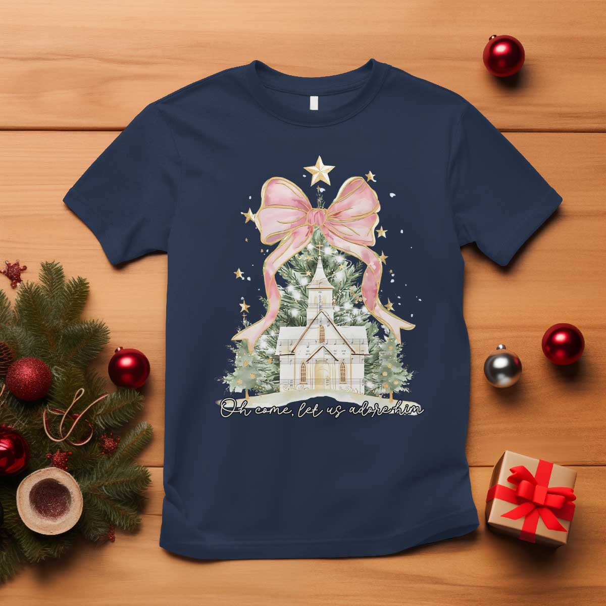 Christian Christmas T Shirt Oh Come Let Us Adore Him Nativity Christmas Tree Bow - African Pride