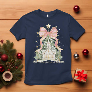 Christian Christmas T Shirt Oh Come Let Us Adore Him Nativity Christmas Tree Bow - African Pride
