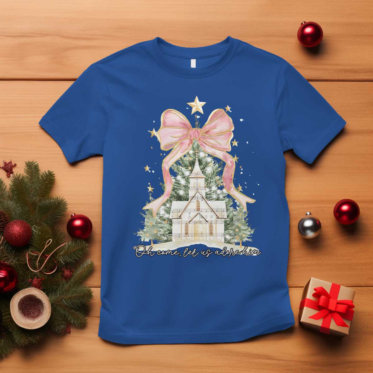 Christian Christmas T Shirt Oh Come Let Us Adore Him Nativity Christmas Tree Bow - African Pride