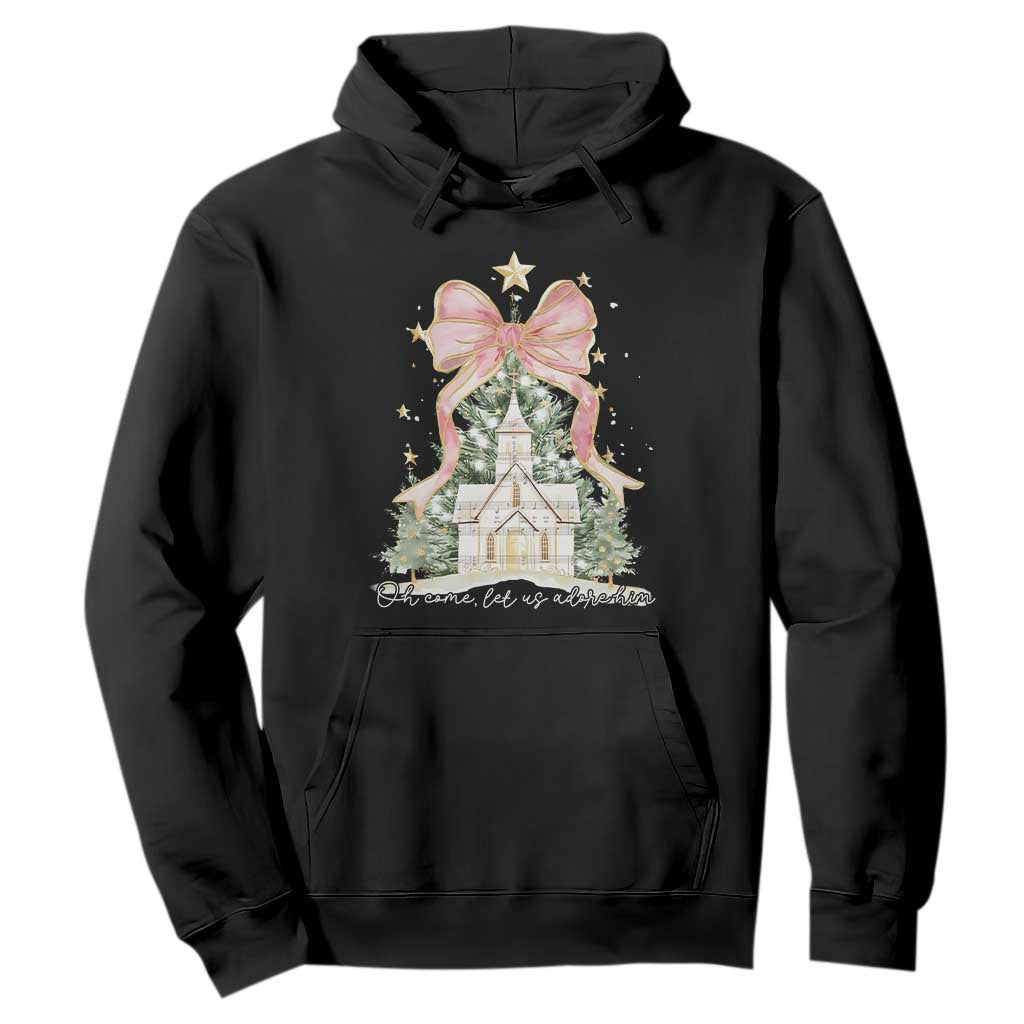 Christian Christmas Hoodie Oh Come Let Us Adore Him Nativity Christmas Tree Bow - African Pride