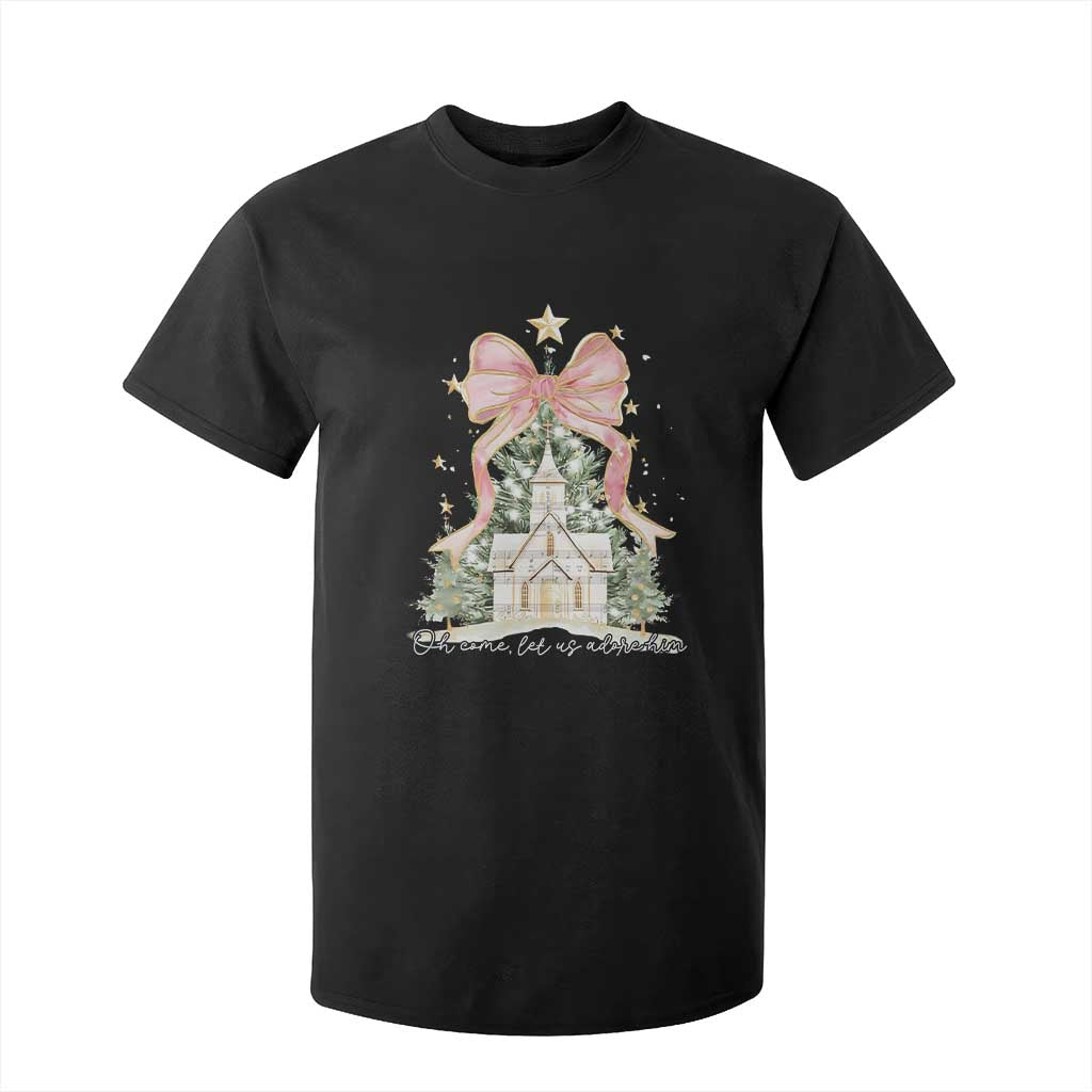 Christian Christmas T Shirt For Kid Oh Come Let Us Adore Him Nativity Christmas Tree Bow - African Pride