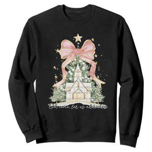 Christian Christmas Sweatshirt Oh Come Let Us Adore Him Nativity Christmas Tree Bow - African Pride