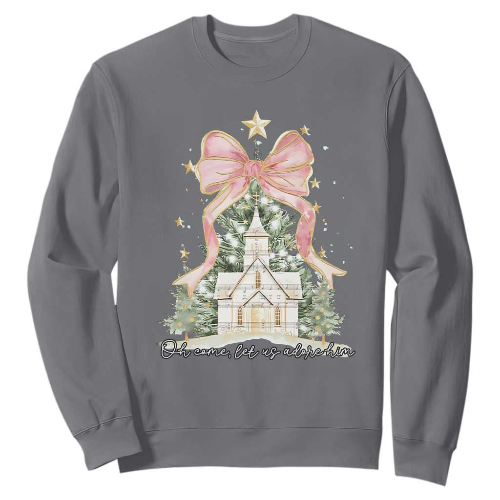 Christian Christmas Sweatshirt Oh Come Let Us Adore Him Nativity Christmas Tree Bow - African Pride