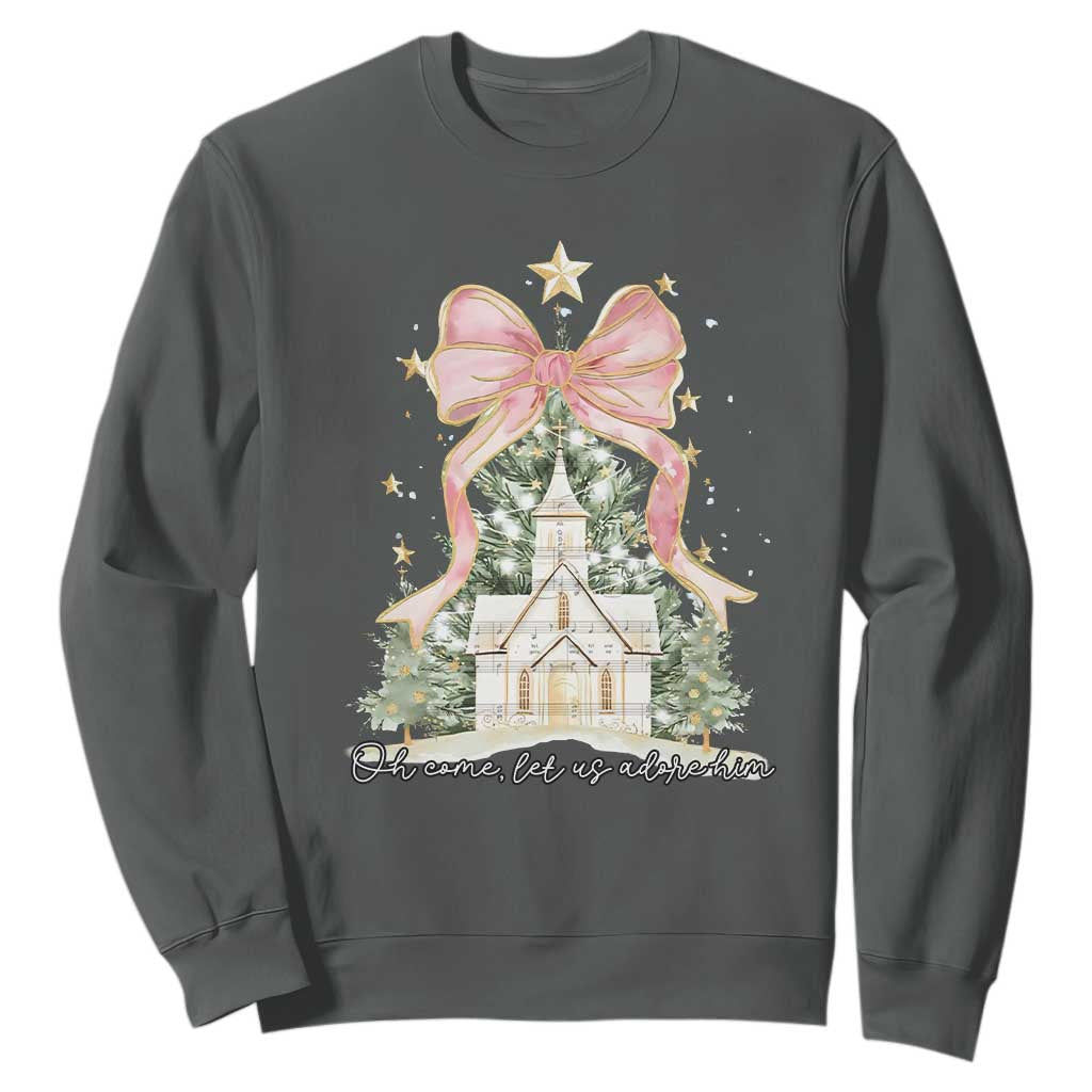 Christian Christmas Sweatshirt Oh Come Let Us Adore Him Nativity Christmas Tree Bow - African Pride