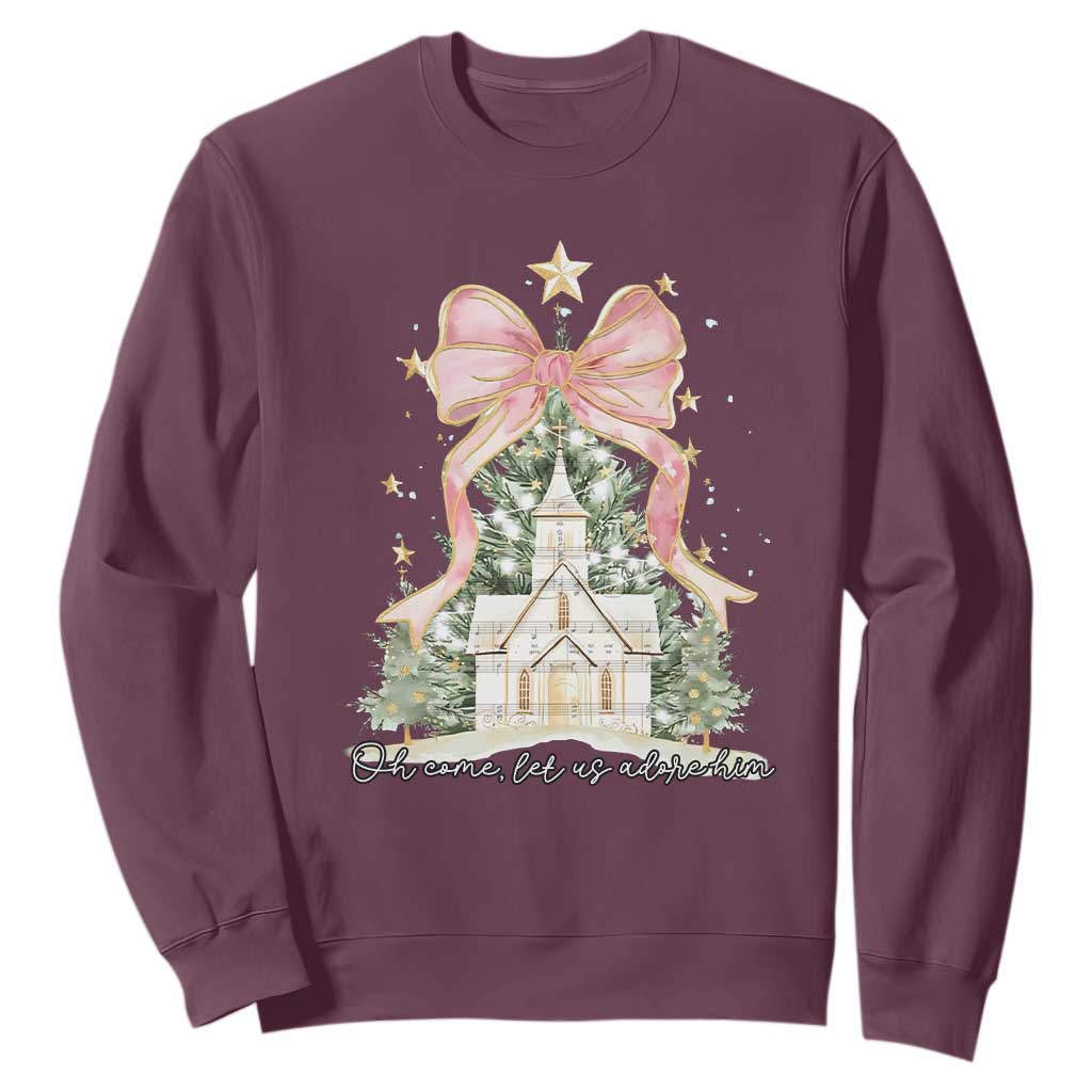 Christian Christmas Sweatshirt Oh Come Let Us Adore Him Nativity Christmas Tree Bow - African Pride