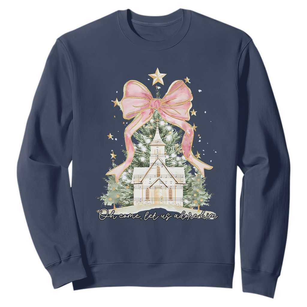 Christian Christmas Sweatshirt Oh Come Let Us Adore Him Nativity Christmas Tree Bow - African Pride
