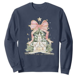 Christian Christmas Sweatshirt Oh Come Let Us Adore Him Nativity Christmas Tree Bow - African Pride
