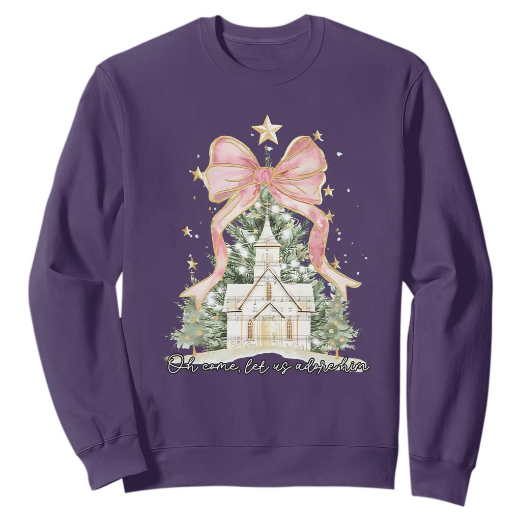 Christian Christmas Sweatshirt Oh Come Let Us Adore Him Nativity Christmas Tree Bow - African Pride