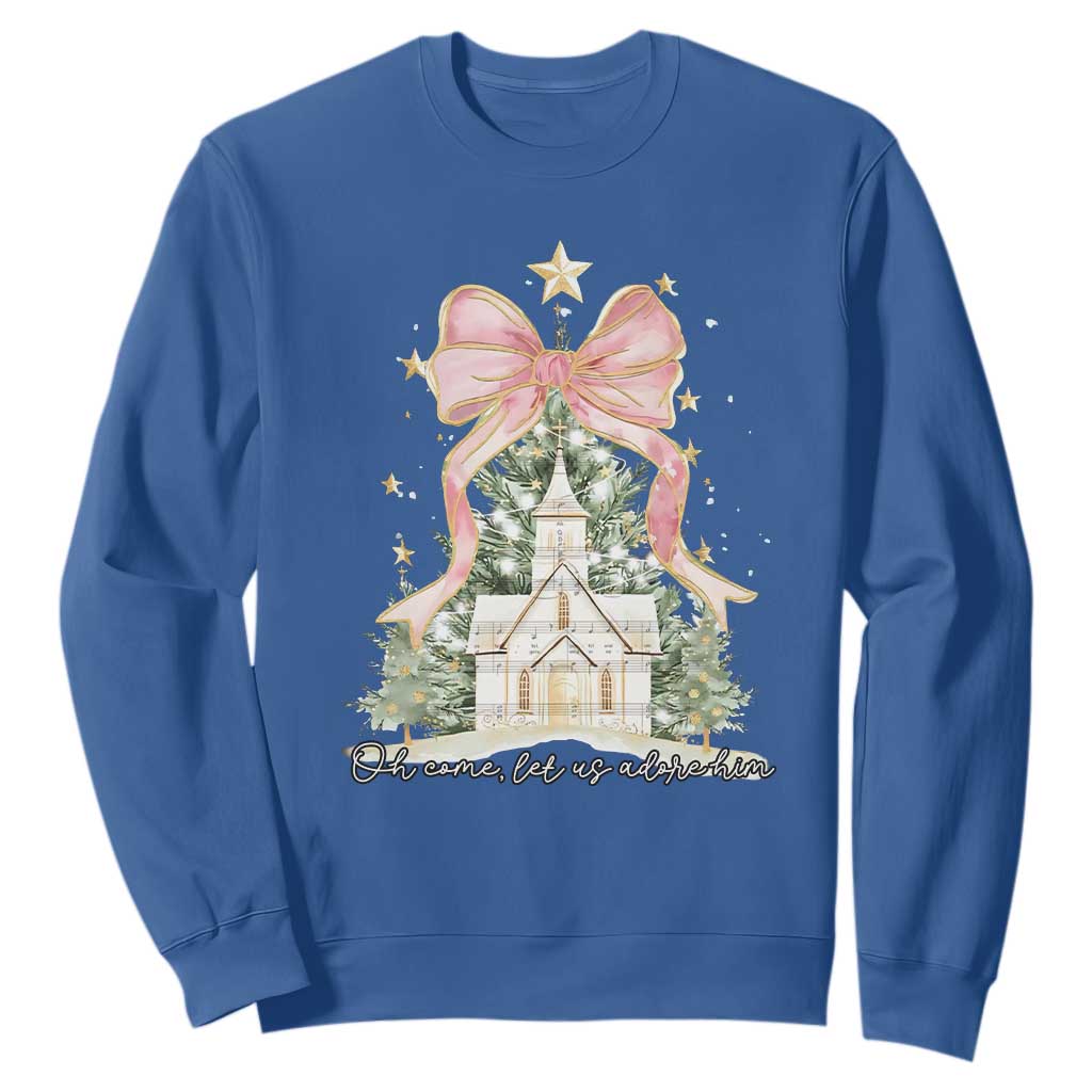 Christian Christmas Sweatshirt Oh Come Let Us Adore Him Nativity Christmas Tree Bow - African Pride
