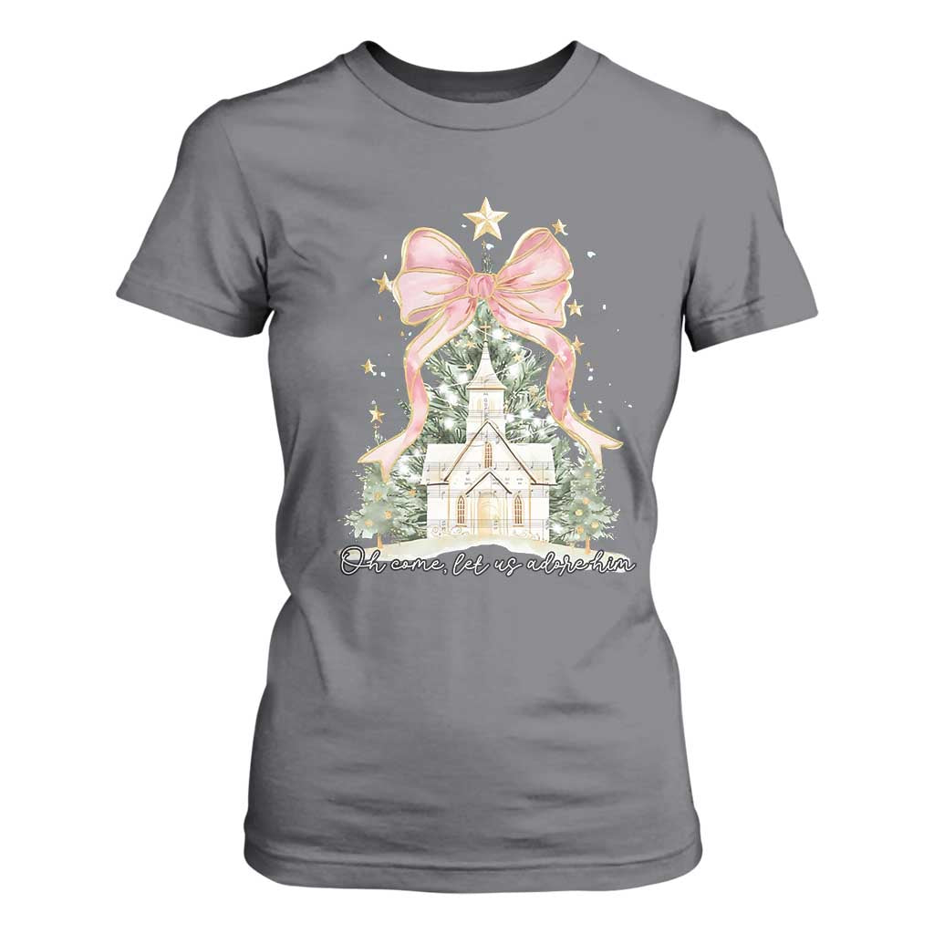 Christian Christmas T Shirt For Women Oh Come Let Us Adore Him Nativity Christmas Tree Bow - African Pride