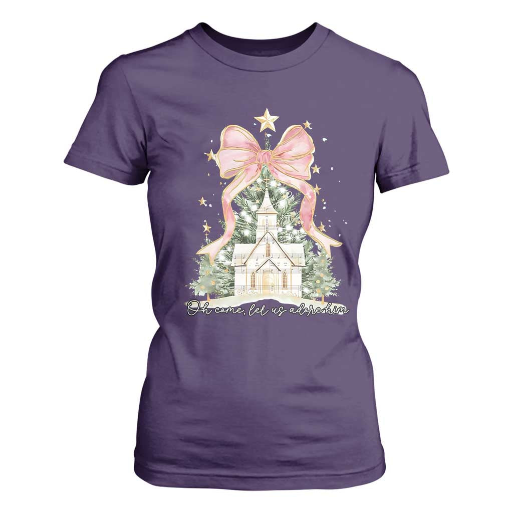 Christian Christmas T Shirt For Women Oh Come Let Us Adore Him Nativity Christmas Tree Bow - African Pride
