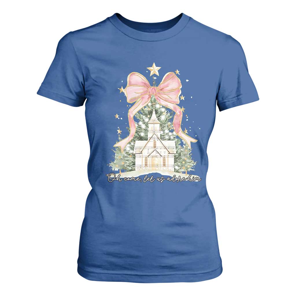Christian Christmas T Shirt For Women Oh Come Let Us Adore Him Nativity Christmas Tree Bow - African Pride