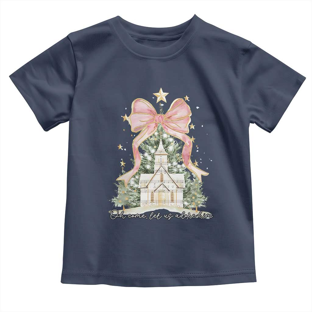 Christian Christmas Toddler T Shirt Oh Come Let Us Adore Him Nativity Christmas Tree Bow - African Pride