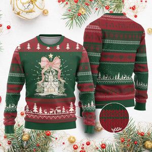 Christian Christmas Knit Sweatshirt Oh Come Let Us Adore Him Nativity Christmas Tree Bow - African Pride