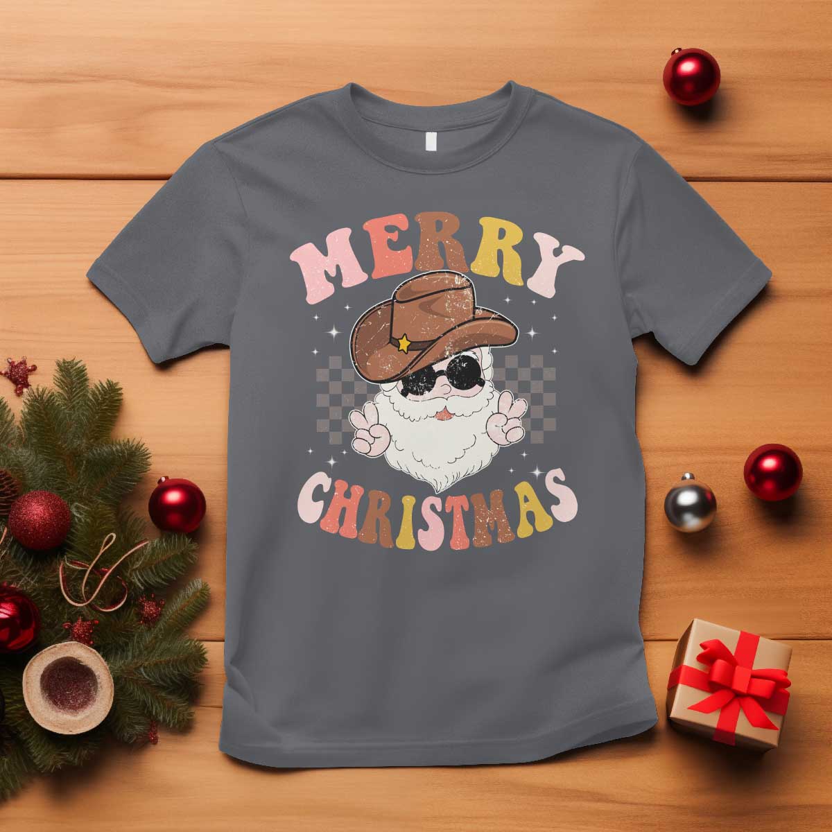 Christmas Cowboy T Shirt Vintage 90s Western Groovy Santa Claus Xmas Vibes - African Pride