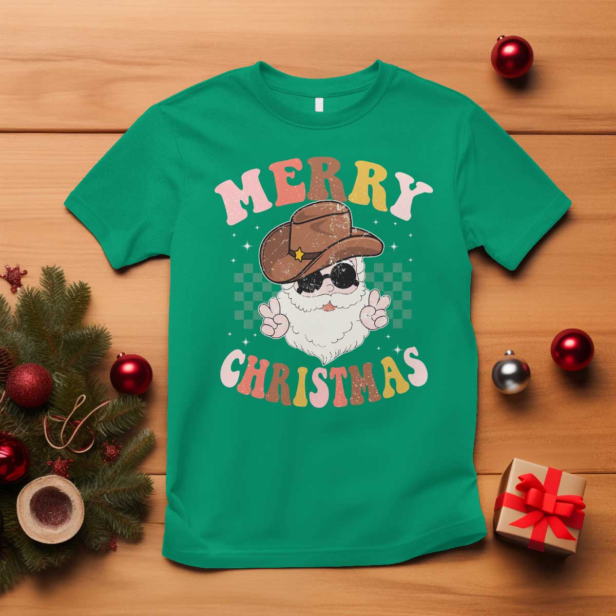 Christmas Cowboy T Shirt Vintage 90s Western Groovy Santa Claus Xmas Vibes - African Pride
