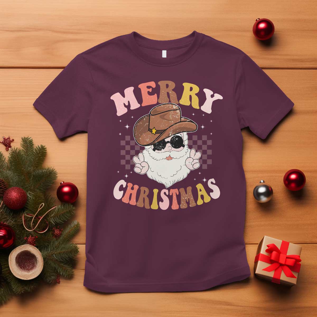 Christmas Cowboy T Shirt Vintage 90s Western Groovy Santa Claus Xmas Vibes - African Pride