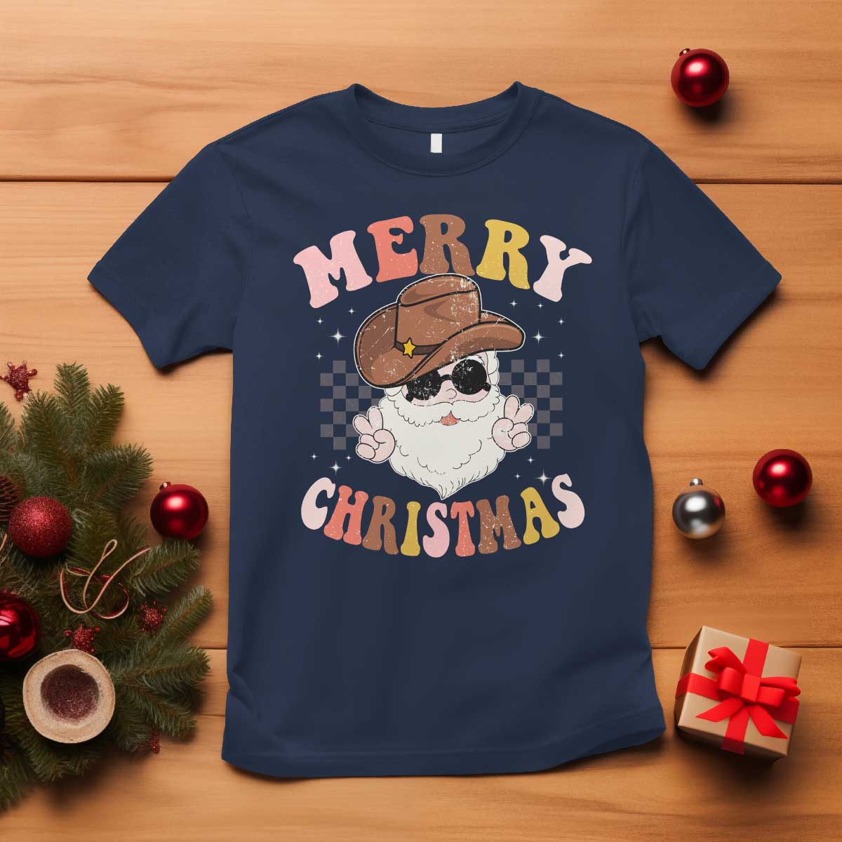 Christmas Cowboy T Shirt Vintage 90s Western Groovy Santa Claus Xmas Vibes - African Pride