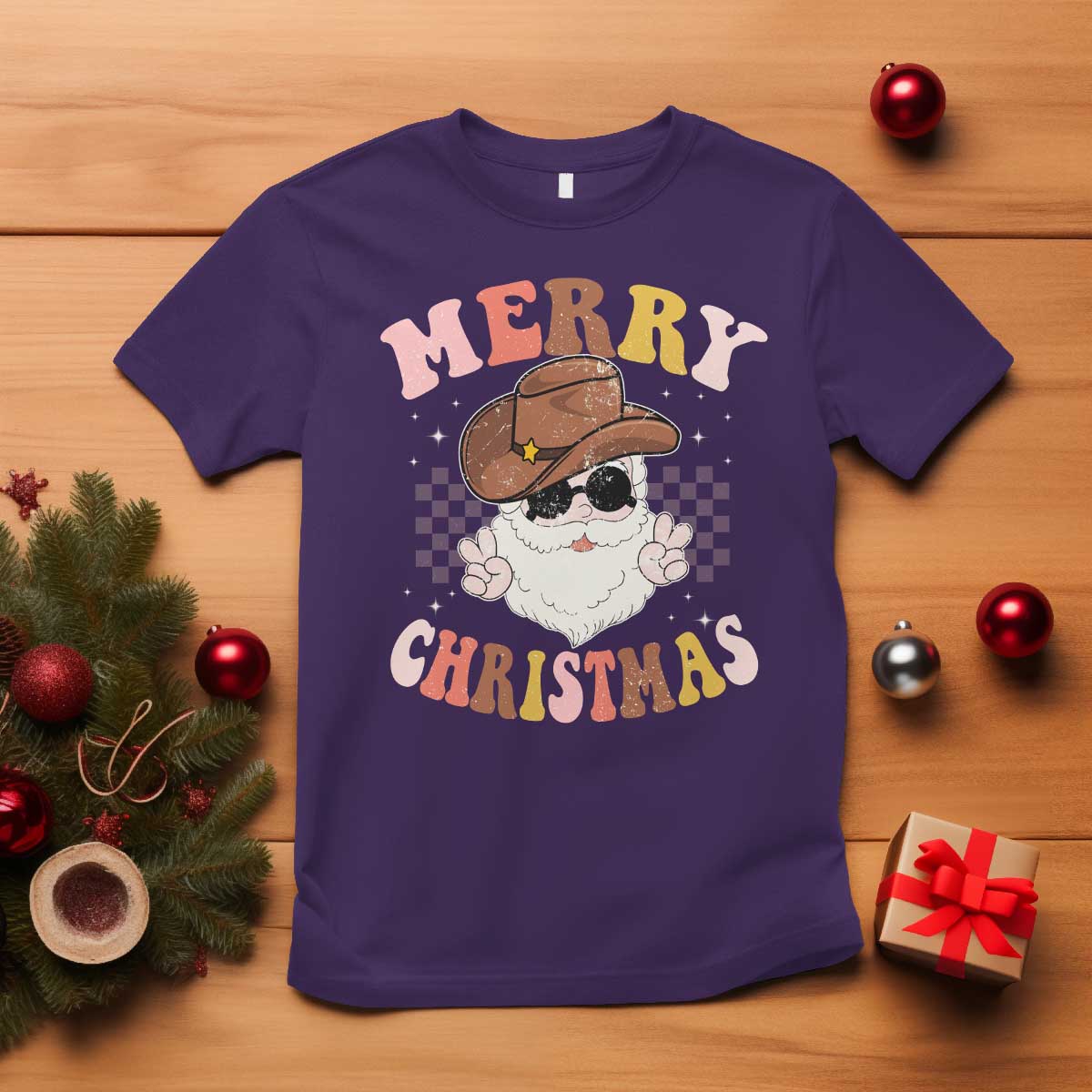 Christmas Cowboy T Shirt Vintage 90s Western Groovy Santa Claus Xmas Vibes - African Pride