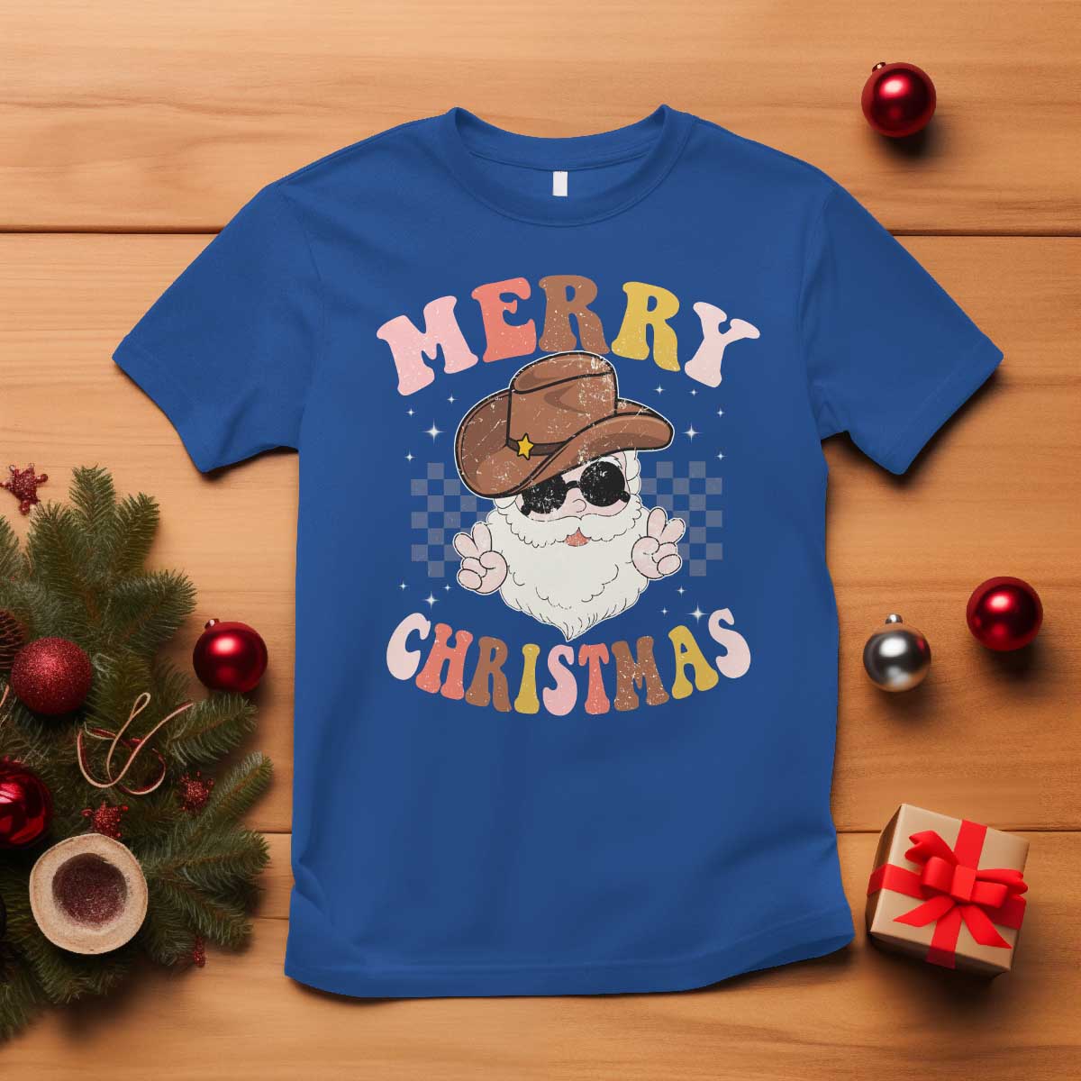 Christmas Cowboy T Shirt Vintage 90s Western Groovy Santa Claus Xmas Vibes - African Pride