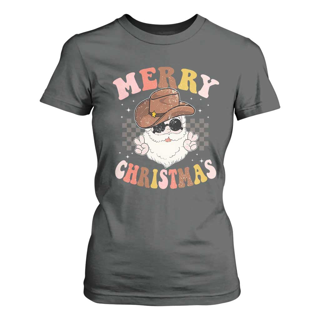 Christmas Cowboy T Shirt For Women Vintage 90s Western Groovy Santa Claus Xmas Vibes - African Pride