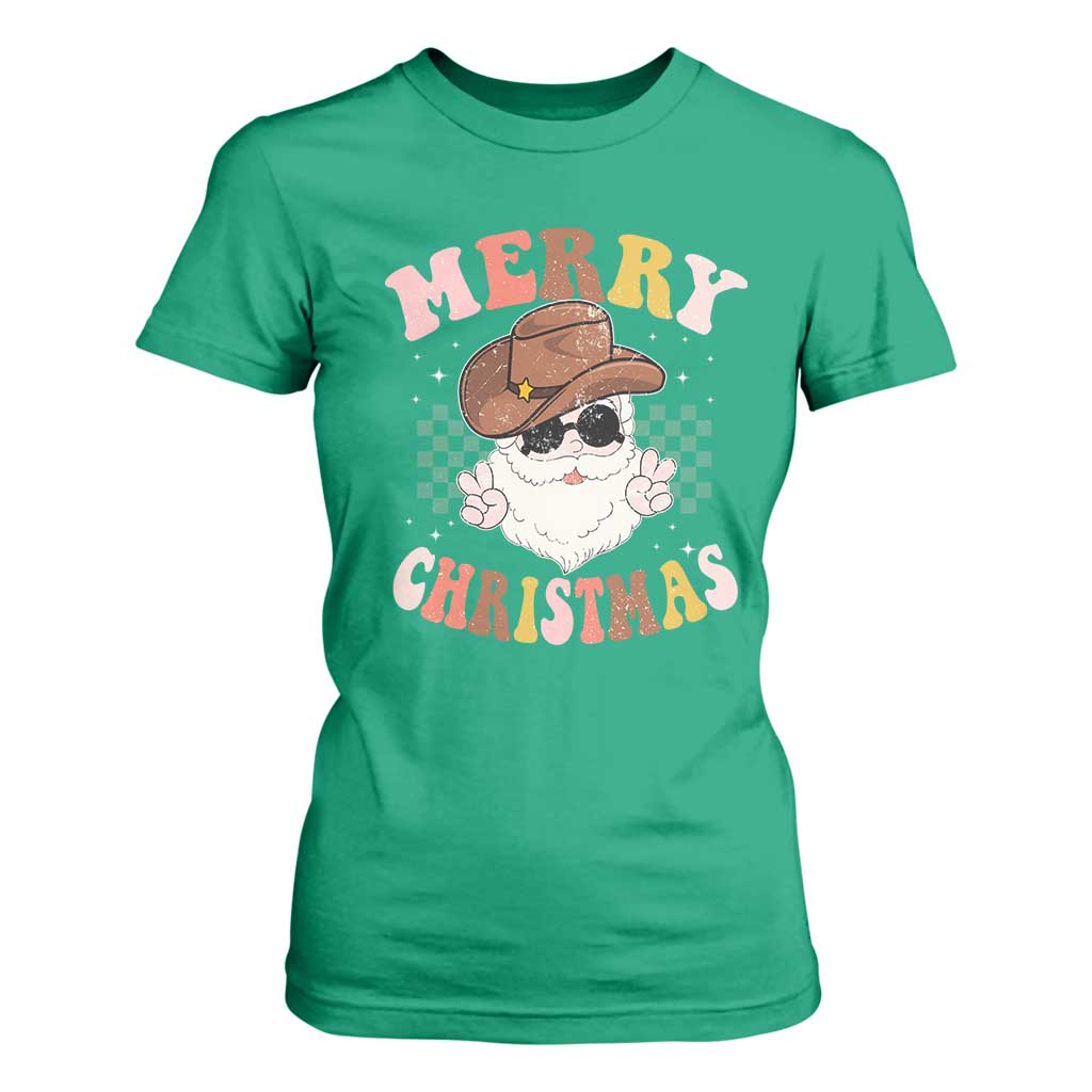 Christmas Cowboy T Shirt For Women Vintage 90s Western Groovy Santa Claus Xmas Vibes - African Pride