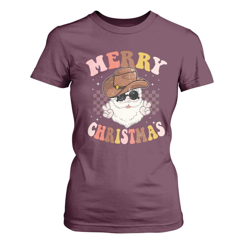Christmas Cowboy T Shirt For Women Vintage 90s Western Groovy Santa Claus Xmas Vibes - African Pride