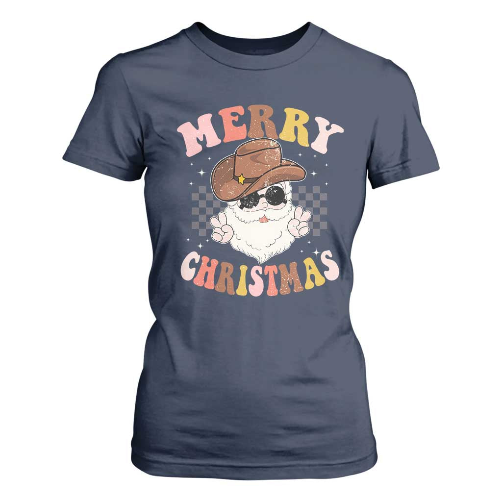 Christmas Cowboy T Shirt For Women Vintage 90s Western Groovy Santa Claus Xmas Vibes - African Pride