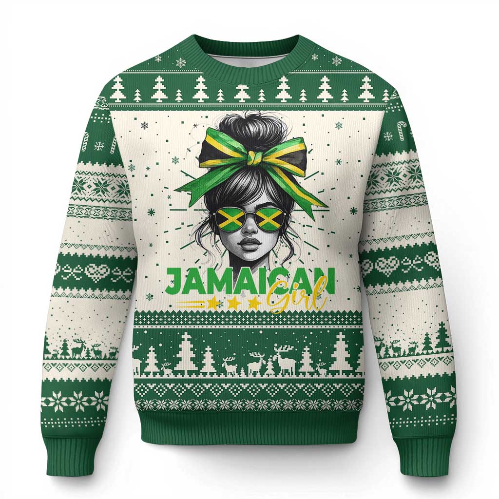 Proud Jamaican Girl Knit Sweatshirt Jamaica Messy Bun Retro Vintage Jamaican Flag - African Pride