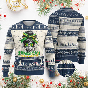 Proud Jamaican Girl Knit Sweatshirt Jamaica Messy Bun Retro Vintage Jamaican Flag - African Pride