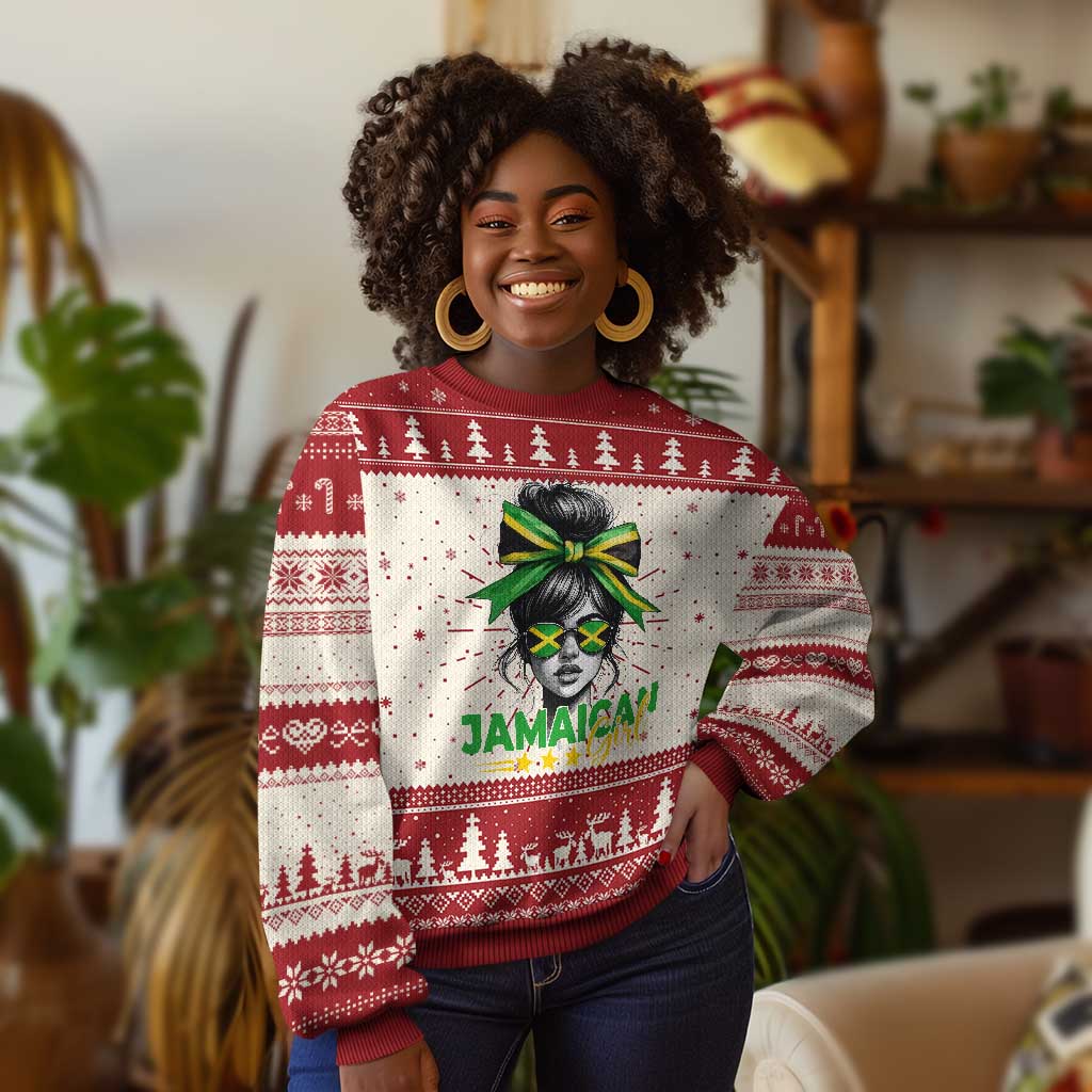 Proud Jamaican Girl Knit Sweatshirt Jamaica Messy Bun Retro Vintage Jamaican Flag - African Pride