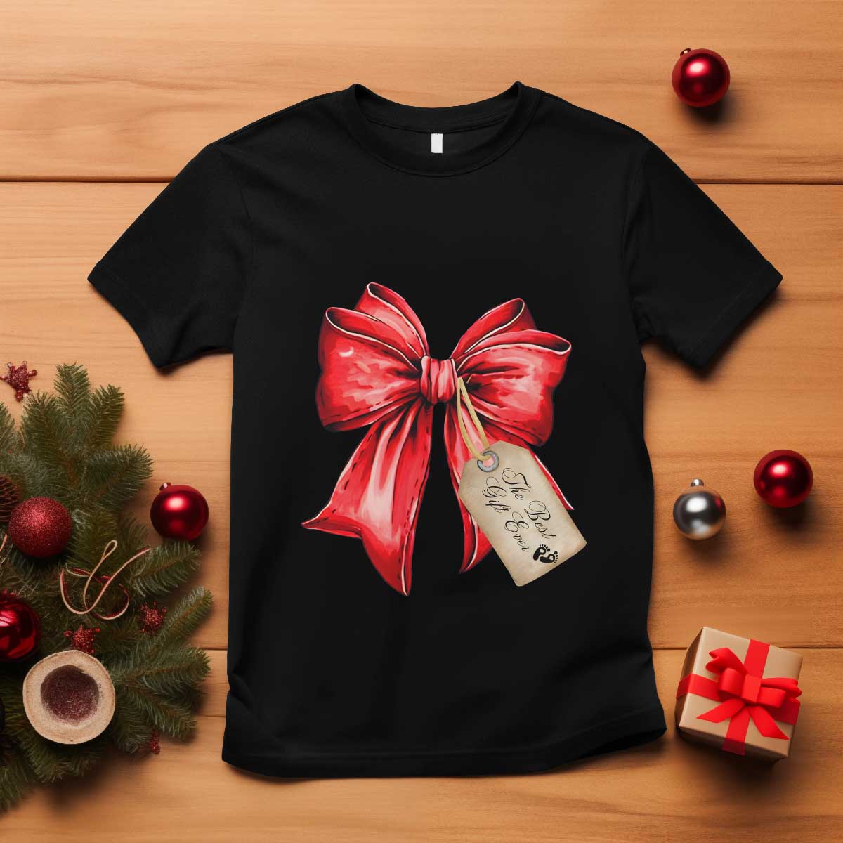 Christmas Pregnancy Announcement T Shirt Coquette Bow Xmas Maternity Gift - African Pride