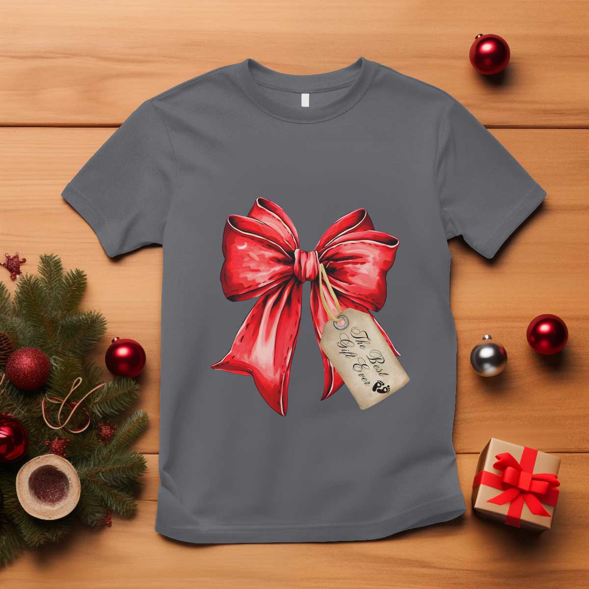 Christmas Pregnancy Announcement T Shirt Coquette Bow Xmas Maternity Gift - African Pride
