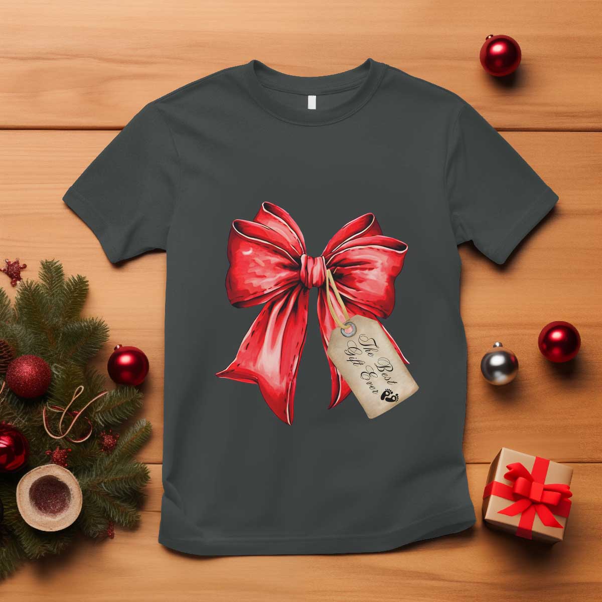 Christmas Pregnancy Announcement T Shirt Coquette Bow Xmas Maternity Gift - African Pride