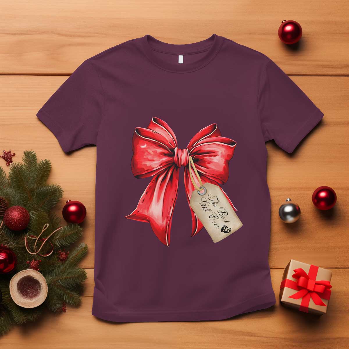 Christmas Pregnancy Announcement T Shirt Coquette Bow Xmas Maternity Gift - African Pride