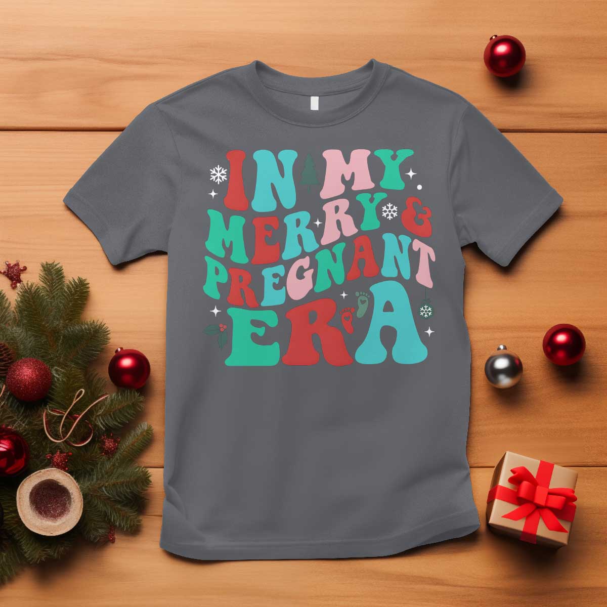 Christmas Pregnancy Announcement T Shirt Merry & Pregnant Era Cute Groovy Christmas Holiday Xmas - African Pride