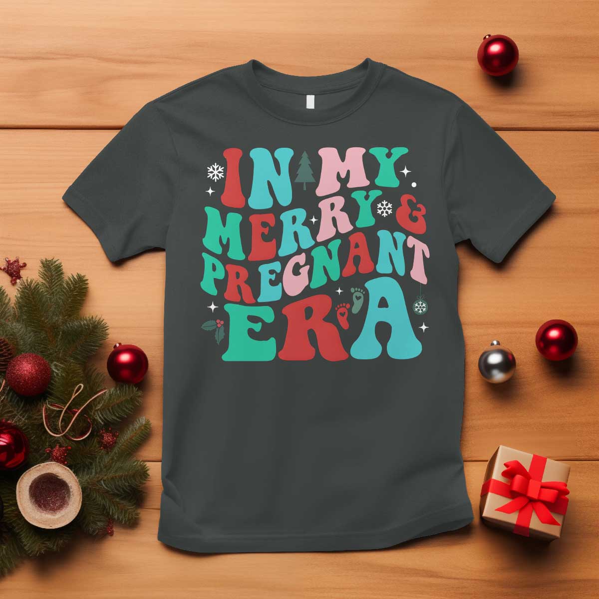 Christmas Pregnancy Announcement T Shirt Merry & Pregnant Era Cute Groovy Christmas Holiday Xmas - African Pride