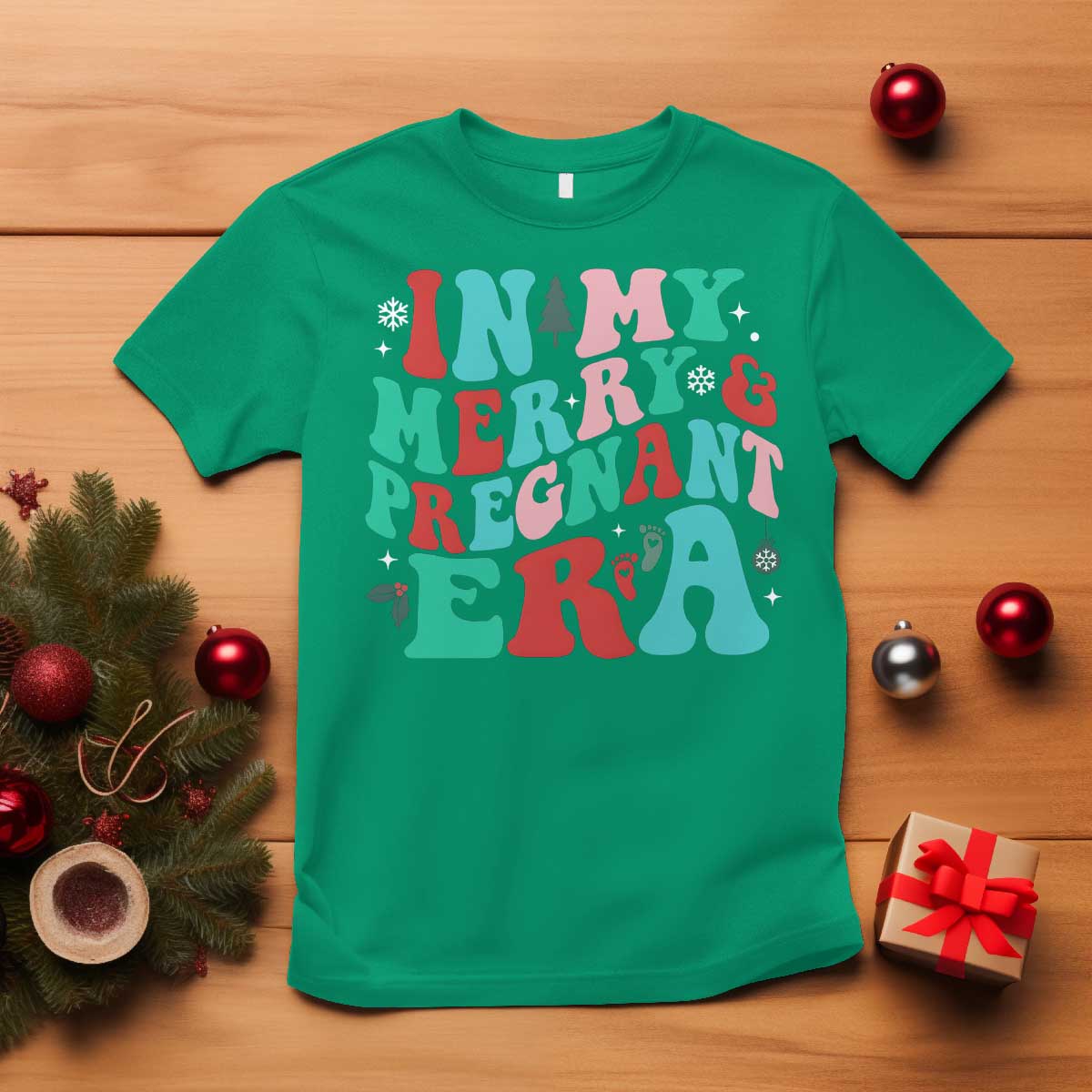 Christmas Pregnancy Announcement T Shirt Merry & Pregnant Era Cute Groovy Christmas Holiday Xmas - African Pride