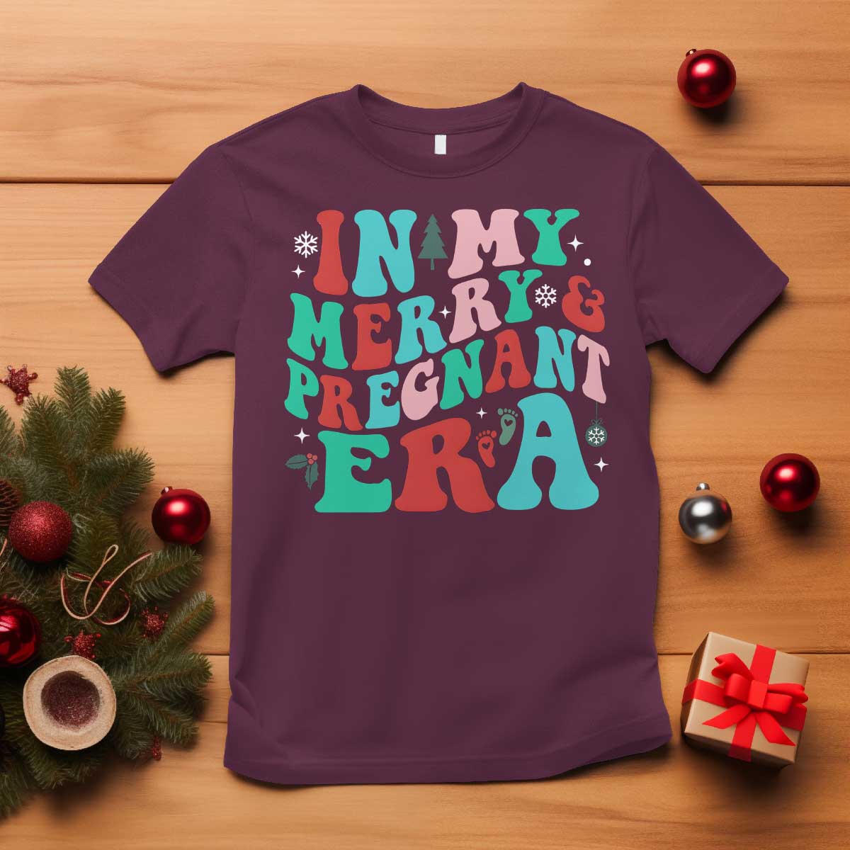 Christmas Pregnancy Announcement T Shirt Merry & Pregnant Era Cute Groovy Christmas Holiday Xmas - African Pride