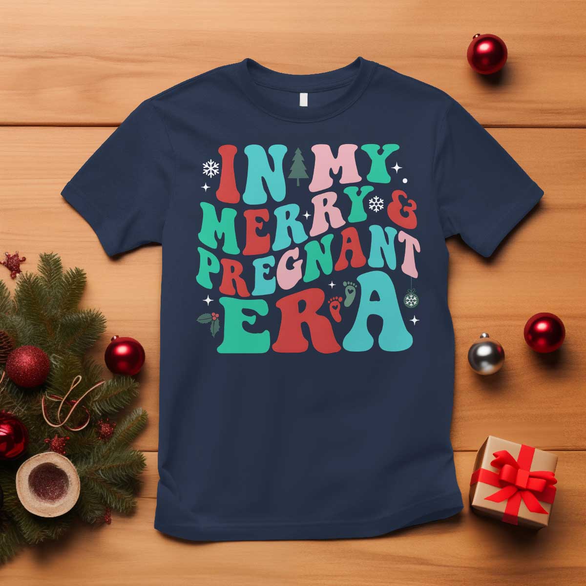 Christmas Pregnancy Announcement T Shirt Merry & Pregnant Era Cute Groovy Christmas Holiday Xmas - African Pride