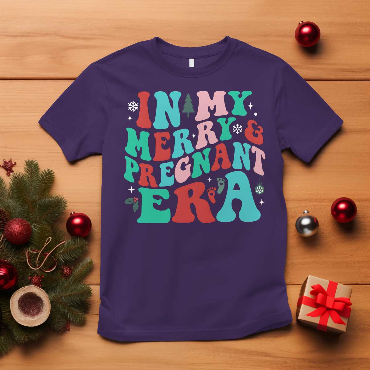 Christmas Pregnancy Announcement T Shirt Merry & Pregnant Era Cute Groovy Christmas Holiday Xmas - African Pride