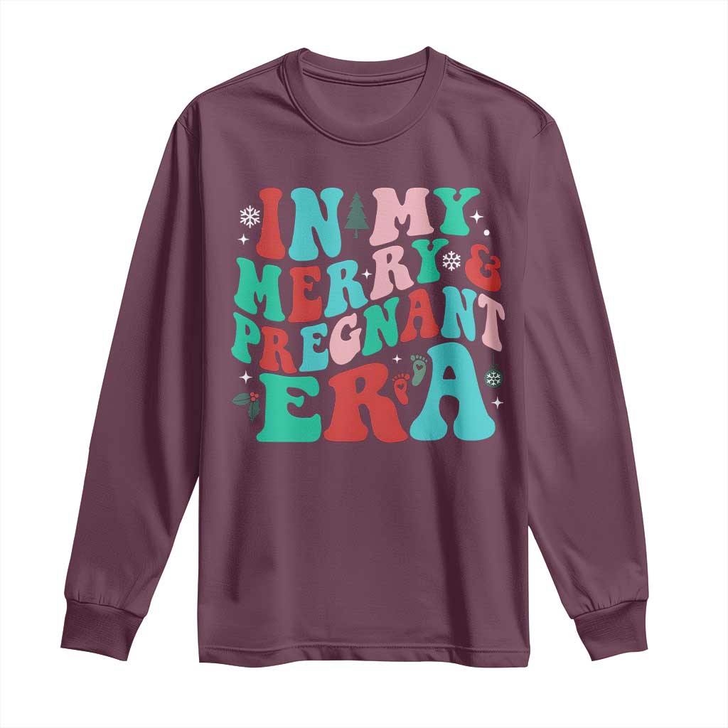 Christmas Pregnancy Announcement Long Sleeve Shirt Merry & Pregnant Era Cute Groovy Christmas Holiday Xmas - African Pride