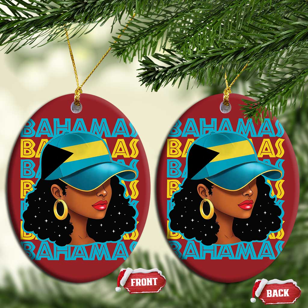 Bahamian Girl Christmas Ornament Melanin Afro Messy Bun Black Woman Bahamas Flag - African Pride